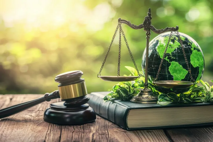 Planet earth behind scales on a book, next to law's hammer